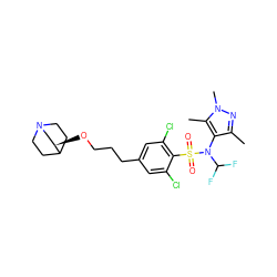 Cc1nn(C)c(C)c1N(C(F)F)S(=O)(=O)c1c(Cl)cc(CCCO[C@@H]2CN3CCC2CC3)cc1Cl ZINC000199944918