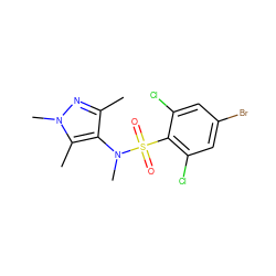 Cc1nn(C)c(C)c1N(C)S(=O)(=O)c1c(Cl)cc(Br)cc1Cl ZINC000117315435