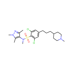 Cc1nn(C)c(C)c1N(C)S(=O)(=O)c1c(Cl)cc(CCCC2CCN(C)CC2)cc1Cl ZINC000199943278