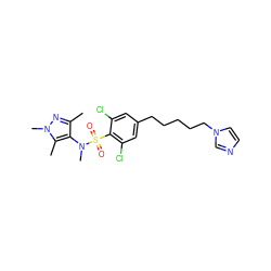 Cc1nn(C)c(C)c1N(C)S(=O)(=O)c1c(Cl)cc(CCCCCn2ccnc2)cc1Cl ZINC000199940992