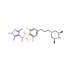 Cc1nn(C)c(C)c1N(C)S(=O)(=O)c1c(Cl)cc(CCCN2C[C@H](C)N[C@H](C)C2)cc1Cl ZINC000199934466