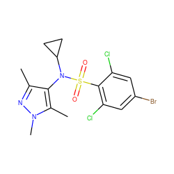 Cc1nn(C)c(C)c1N(C1CC1)S(=O)(=O)c1c(Cl)cc(Br)cc1Cl ZINC000199944534