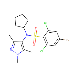 Cc1nn(C)c(C)c1N(C1CCCC1)S(=O)(=O)c1c(Cl)cc(Br)cc1Cl ZINC000199934892