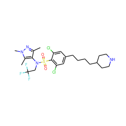 Cc1nn(C)c(C)c1N(CC(F)(F)F)S(=O)(=O)c1c(Cl)cc(CCCCC2CCNCC2)cc1Cl ZINC000199938490