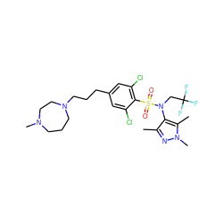 Cc1nn(C)c(C)c1N(CC(F)(F)F)S(=O)(=O)c1c(Cl)cc(CCCN2CCCN(C)CC2)cc1Cl ZINC000199935877