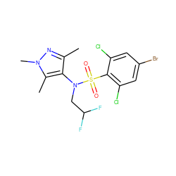 Cc1nn(C)c(C)c1N(CC(F)F)S(=O)(=O)c1c(Cl)cc(Br)cc1Cl ZINC001772581859