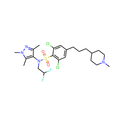 Cc1nn(C)c(C)c1N(CC(F)F)S(=O)(=O)c1c(Cl)cc(CCCC2CCN(C)CC2)cc1Cl ZINC000199940462