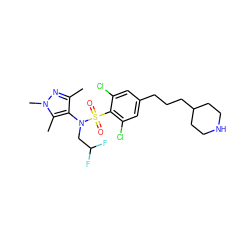 Cc1nn(C)c(C)c1N(CC(F)F)S(=O)(=O)c1c(Cl)cc(CCCC2CCNCC2)cc1Cl ZINC000199946987