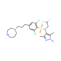 Cc1nn(C)c(C)c1N(CC(F)F)S(=O)(=O)c1c(Cl)cc(CCCN2CCCNCC2)cc1Cl ZINC000199945487