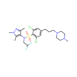 Cc1nn(C)c(C)c1N(CC(F)F)S(=O)(=O)c1c(Cl)cc(CCCN2CCN(C)CC2)cc1Cl ZINC000199942966