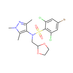 Cc1nn(C)c(C)c1N(CC1OCCO1)S(=O)(=O)c1c(Cl)cc(Br)cc1Cl ZINC000199937267