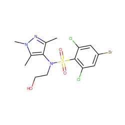 Cc1nn(C)c(C)c1N(CCO)S(=O)(=O)c1c(Cl)cc(Br)cc1Cl ZINC000199942156