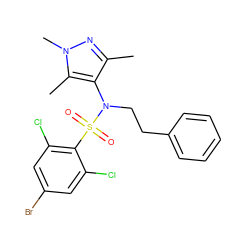 Cc1nn(C)c(C)c1N(CCc1ccccc1)S(=O)(=O)c1c(Cl)cc(Br)cc1Cl ZINC000199936721