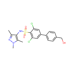 Cc1nn(C)c(C)c1NS(=O)(=O)c1c(Cl)cc(-c2ccc(CO)cc2)cc1Cl ZINC001772638078