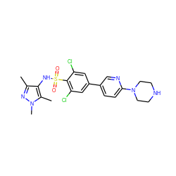 Cc1nn(C)c(C)c1NS(=O)(=O)c1c(Cl)cc(-c2ccc(N3CCNCC3)nc2)cc1Cl ZINC000082156492