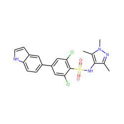 Cc1nn(C)c(C)c1NS(=O)(=O)c1c(Cl)cc(-c2ccc3[nH]ccc3c2)cc1Cl ZINC001772588034