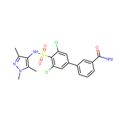 Cc1nn(C)c(C)c1NS(=O)(=O)c1c(Cl)cc(-c2cccc(C(N)=O)c2)cc1Cl ZINC000073279712