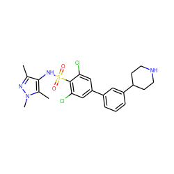 Cc1nn(C)c(C)c1NS(=O)(=O)c1c(Cl)cc(-c2cccc(C3CCNCC3)c2)cc1Cl ZINC000199938629