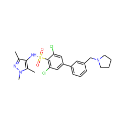 Cc1nn(C)c(C)c1NS(=O)(=O)c1c(Cl)cc(-c2cccc(CN3CCCC3)c2)cc1Cl ZINC000117323923