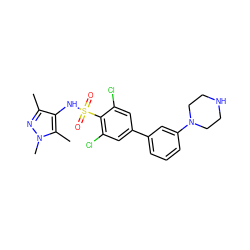 Cc1nn(C)c(C)c1NS(=O)(=O)c1c(Cl)cc(-c2cccc(N3CCNCC3)c2)cc1Cl ZINC000199944397