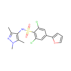 Cc1nn(C)c(C)c1NS(=O)(=O)c1c(Cl)cc(-c2ccco2)cc1Cl ZINC001772614566