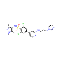 Cc1nn(C)c(C)c1NS(=O)(=O)c1c(Cl)cc(-c2ccnc(NCCCn3ccnc3)c2)cc1Cl ZINC000140278544