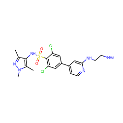 Cc1nn(C)c(C)c1NS(=O)(=O)c1c(Cl)cc(-c2ccnc(NCCN)c2)cc1Cl ZINC000199941852