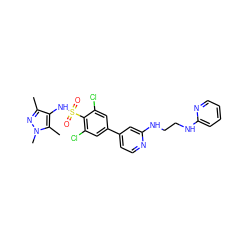 Cc1nn(C)c(C)c1NS(=O)(=O)c1c(Cl)cc(-c2ccnc(NCCNc3ccccn3)c2)cc1Cl ZINC000117316557