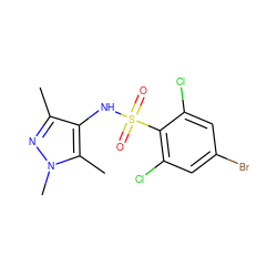 Cc1nn(C)c(C)c1NS(=O)(=O)c1c(Cl)cc(Br)cc1Cl ZINC000021857602