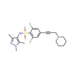 Cc1nn(C)c(C)c1NS(=O)(=O)c1c(Cl)cc(C#CCN2CCCCC2)cc1Cl ZINC000199946102