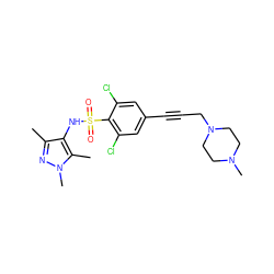 Cc1nn(C)c(C)c1NS(=O)(=O)c1c(Cl)cc(C#CCN2CCN(C)CC2)cc1Cl ZINC000117314978