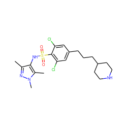 Cc1nn(C)c(C)c1NS(=O)(=O)c1c(Cl)cc(CCCC2CCNCC2)cc1Cl ZINC000199938582