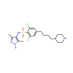 Cc1nn(C)c(C)c1NS(=O)(=O)c1c(Cl)cc(CCCCC2CCNCC2)cc1Cl ZINC000299829618