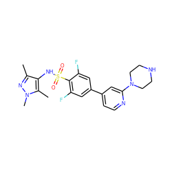 Cc1nn(C)c(C)c1NS(=O)(=O)c1c(F)cc(-c2ccnc(N3CCNCC3)c2)cc1F ZINC001772593677