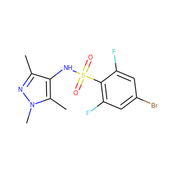 Cc1nn(C)c(C)c1NS(=O)(=O)c1c(F)cc(Br)cc1F ZINC000199937354