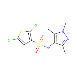 Cc1nn(C)c(C)c1NS(=O)(=O)c1cc(Cl)sc1Cl ZINC000000141387