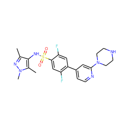 Cc1nn(C)c(C)c1NS(=O)(=O)c1cc(F)c(-c2ccnc(N3CCNCC3)c2)cc1F ZINC000117304910