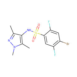 Cc1nn(C)c(C)c1NS(=O)(=O)c1cc(F)c(Br)cc1F ZINC000117315655