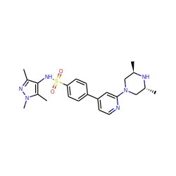 Cc1nn(C)c(C)c1NS(=O)(=O)c1ccc(-c2ccnc(N3C[C@@H](C)N[C@H](C)C3)c2)cc1 ZINC000117327185