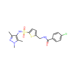 Cc1nn(C)c(C)c1NS(=O)(=O)c1ccc(CNC(=O)c2ccc(Cl)cc2)s1 ZINC000199942035