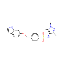 Cc1nn(C)c(C)c1NS(=O)(=O)c1ccc(COc2ccc3cc[nH]c3c2)cc1 ZINC001772597411