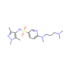 Cc1nn(C)c(C)c1NS(=O)(=O)c1ccc(N(C)CCCN(C)C)nc1 ZINC000199945760