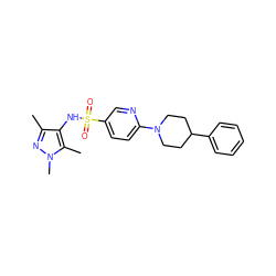 Cc1nn(C)c(C)c1NS(=O)(=O)c1ccc(N2CCC(c3ccccc3)CC2)nc1 ZINC001772610949