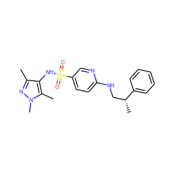 Cc1nn(C)c(C)c1NS(=O)(=O)c1ccc(NC[C@@H](C)c2ccccc2)nc1 ZINC000199945981