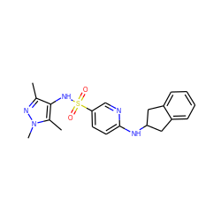 Cc1nn(C)c(C)c1NS(=O)(=O)c1ccc(NC2Cc3ccccc3C2)nc1 ZINC001772597514