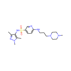 Cc1nn(C)c(C)c1NS(=O)(=O)c1ccc(NCCCN2CCN(C)CC2)nc1 ZINC000073293190