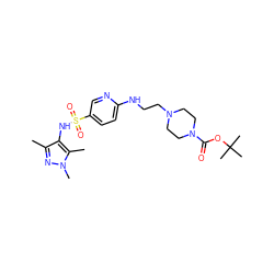 Cc1nn(C)c(C)c1NS(=O)(=O)c1ccc(NCCN2CCN(C(=O)OC(C)(C)C)CC2)nc1 ZINC000073273919