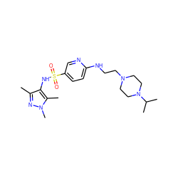 Cc1nn(C)c(C)c1NS(=O)(=O)c1ccc(NCCN2CCN(C(C)C)CC2)nc1 ZINC000073293101