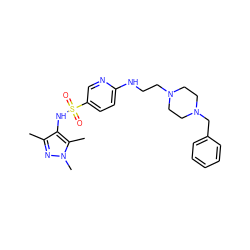 Cc1nn(C)c(C)c1NS(=O)(=O)c1ccc(NCCN2CCN(Cc3ccccc3)CC2)nc1 ZINC000073273915