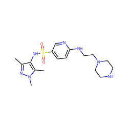 Cc1nn(C)c(C)c1NS(=O)(=O)c1ccc(NCCN2CCNCC2)nc1 ZINC000073293095